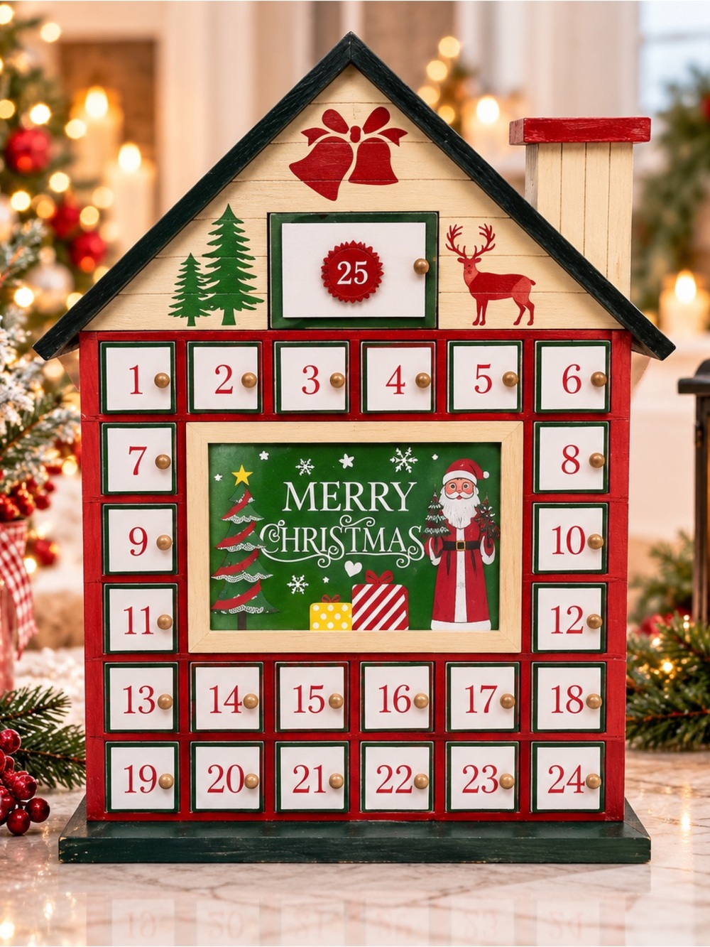 NEW Beautiful Green Wood Merry Christmas Advent Calendar In A House Shape.